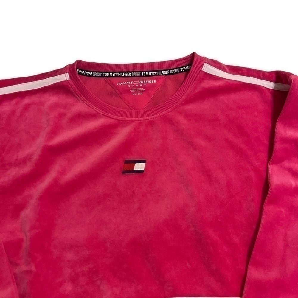 Women’s TOMMY HILFIGER Sport Pink and Black Velour Crewneck Sweatshirt Top NWT - Picture 4 of 6
